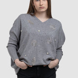 Pulover de damă cu flori aplicate și croială lejeră