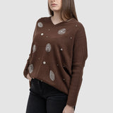 Pulover de damă cu flori aplicate și croială lejeră