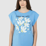 Tricou femei MDM bumbac elastic cu imprimeu floral albastru
