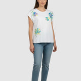 Tricou femei MDM bumbac cu aplicații florale brodate alb