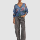 Pulover femei Desigual tip cardigan cu imprimeu floral albastru