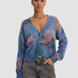 Pulover femei Desigual tip cardigan cu imprimeu floral albastru