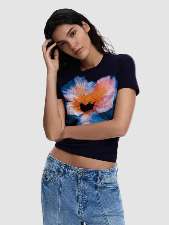 Tricou femei Desigual cu imprimeu floral bej și negru