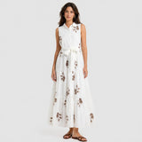 Rochie damă maxi fără mâneci cu imprimeu floral crem/bej