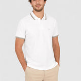 Tricou Polo bărbați din bumbac elastic alb cu dungi contrast