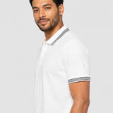Tricou Polo bărbați din bumbac elastic alb cu guler în dungi
